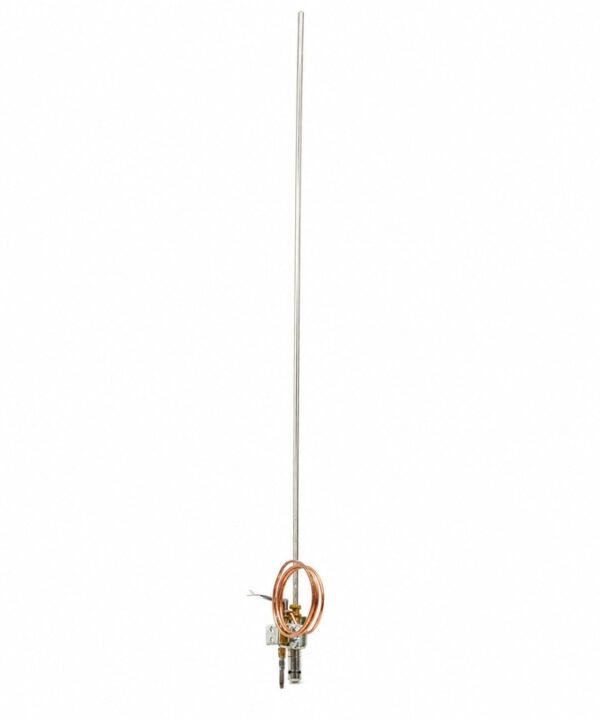 Gas Tandoor Pilot Assembly AS13 – full-length vertical view on white background showing the complete pilot assembly unit with a long stainless steel pilot tube extending upward, coiled copper thermocouple capillary tube looped at the mid-section, brass pilot gas fitting and igniter electrode at the base, and a steel mounting bracket, giving a clear view of the total length of the assembly as installed in a tandoor oven
