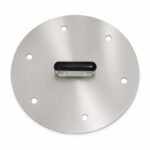 Stainless Steel Tandoor Oven Lid AS11 – overhead angled view of the round stainless steel lid placed on top of a Morni commercial tandoor oven, showing the black heat-resistant handle, six ventilation holes, and brushed stainless steel surface resting on the square oven top, with Morni branding and thermometer visible on the front panel