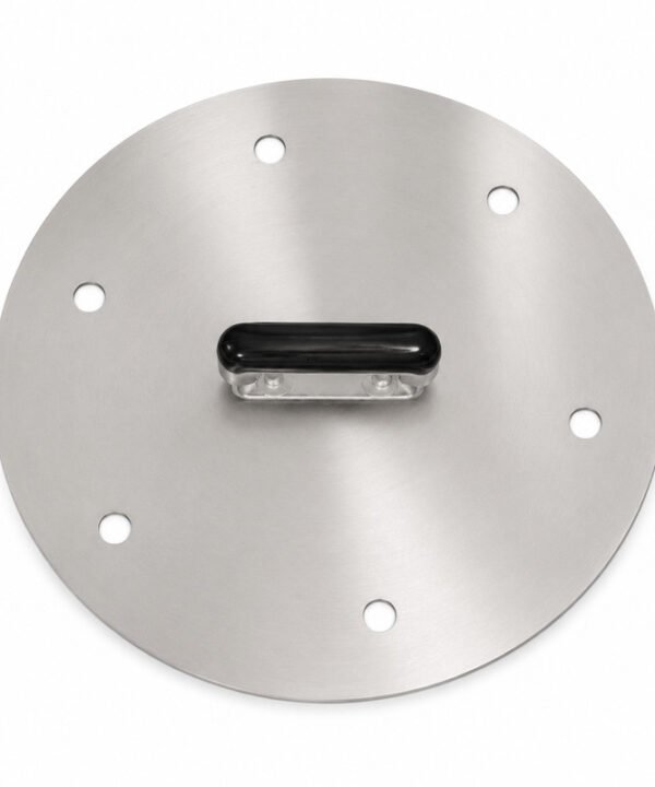 Stainless Steel Tandoor Oven Lid AS11 – overhead angled view of the round stainless steel lid placed on top of a Morni commercial tandoor oven, showing the black heat-resistant handle, six ventilation holes, and brushed stainless steel surface resting on the square oven top, with Morni branding and thermometer visible on the front panel