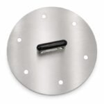 Stainless Steel Tandoor Oven Lid AS11 – straight top-down view of the round stainless steel tandoor oven lid on white background, showing the full brushed steel disc surface, centrally mounted black heat-resistant bar handle with stainless steel brackets, and six evenly spaced round ventilation holes