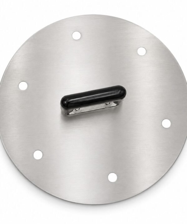 Stainless Steel Tandoor Oven Lid AS11 – straight top-down view of the round stainless steel tandoor oven lid on white background, showing the full brushed steel disc surface, centrally mounted black heat-resistant bar handle with stainless steel brackets, and six evenly spaced round ventilation holes