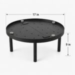Tandoor Baffle Plate AS02 – assembled baffle plate with dimension annotations showing 17 inches diameter width and 9 inches height from ground to plate surface, with four steel legs and hex bolt fasteners on light gray background
