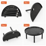 Tandoor Baffle Plate AS02 – four-step visual assembly guide showing Step 1 legs bundled under semicircle half, Step 2 single leg inserted into half-plate, Step 3 both halves joined with legs attached, and Step 4 fully assembled baffle plate ready for tandoor installation