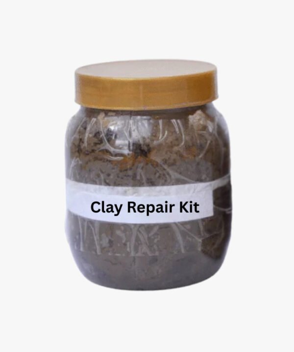 Tandoor Clay Pot Repair Kit AS08 – clear glass jar with gold lid filled with grey-brown repair clay mixture, showing white label reading Clay Repair Kit, on light grey background