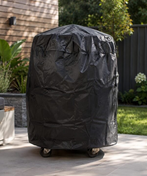 Tandoor Cover AS14 – black all-weather tandoor cover fully fitted over a tandoor oven on casters, placed on a patio stone surface in a landscaped backyard setting with green plants, wood fence, and outdoor seating visible, showing the cover protecting the tandoor from outdoor elements in warm weather