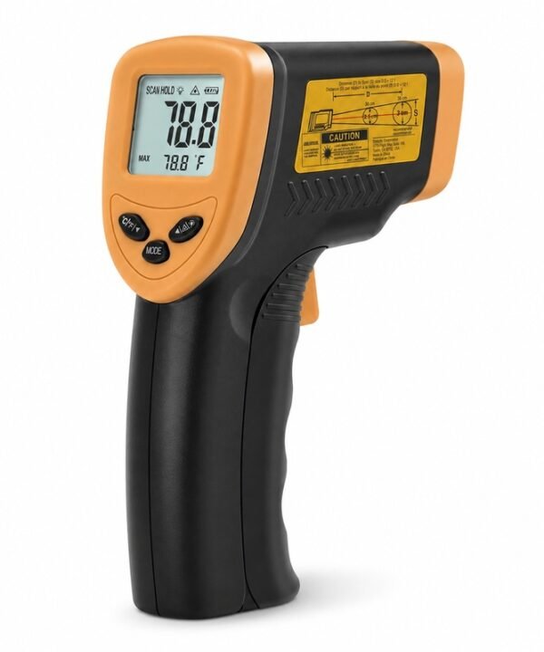 Tandoor Digital Thermometer Gun AS16 – low angled view of the orange and black infrared thermometer gun on white background, showing the backlit LCD display reading 78.8 Degree F, SCAN HOLD and MAX indicators, MODE button and control buttons, with the yellow caution laser warning label and distance-to-spot ratio diagram visible on the side panel