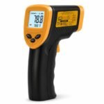 Tandoor Digital Thermometer Gun AS16 – straight-on angled view of the orange and black infrared thermometer gun on white background, showing the illuminated LCD display reading 78.8 Degree F with MAX temperature hold, SCAN HOLD mode indicators, control buttons including MODE, temperature unit toggle, and alarm buttons, and the yellow laser caution label on the side