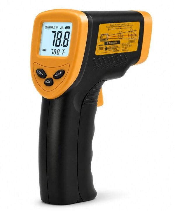 Tandoor Digital Thermometer Gun AS16 – straight-on angled view of the orange and black infrared thermometer gun on white background, showing the illuminated LCD display reading 78.8 Degree F with MAX temperature hold, SCAN HOLD mode indicators, control buttons including MODE, temperature unit toggle, and alarm buttons, and the yellow laser caution label on the side
