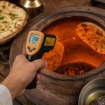 Tandoor Digital Thermometer Gun AS16 – hand pointing the infrared thermometer gun into a glowing orange tandoor oven interior, with the red laser dot visible on the clay wall and the LCD display reading 378.8 Degree F, with freshly baked naan bread on a plate and brass serving vessels visible in the foreground