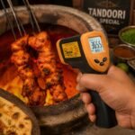 Tandoor Digital Thermometer Gun AS16 – hand pointing the infrared thermometer gun toward a clay tandoor oven loaded with charcoal-grilled chicken skewers, with the red laser dot aimed at the meat and the LCD display reading 365.5 Degree C, with naan bread, spice bowls, and a Tandoori Special sign visible in the restaurant kitchen background