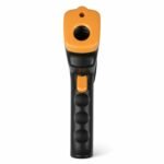Tandoor Digital Thermometer Gun AS16 – straight rear-facing view of the thermometer gun on white background, showing the circular infrared sensor opening at the top of the orange housing, the orange trigger button on the black grip, the hanging loop at the top, and the ergonomic contoured black rubber handle with finger grip indentations