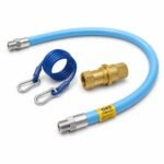 Tandoor Gas Hose AS01 – full commercial gas connector kit showing blue flexible gas hose with stainless steel male fittings, brass quick disconnect coupling, and blue restraining cable with carabiners, all components laid out together