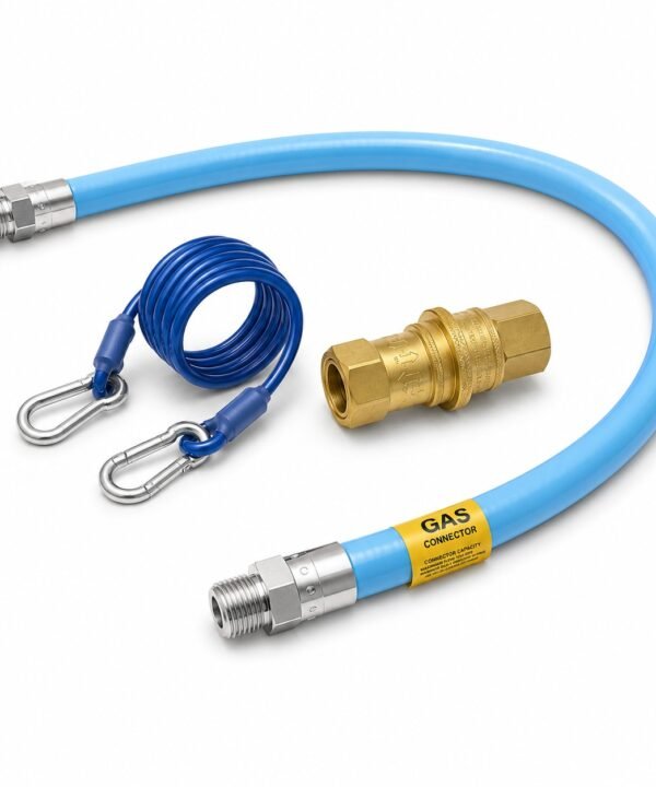 Tandoor Gas Hose AS01 – full commercial gas connector kit showing blue flexible gas hose with stainless steel male fittings, brass quick disconnect coupling, and blue restraining cable with carabiners, all components laid out together