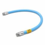 Tandoor Gas Hose AS01 – full-length view of blue flexible commercial gas connector hose in U-shape with stainless steel male NPT fittings at both ends and yellow GAS CONNECTOR capacity label, for use with tandoor ovens