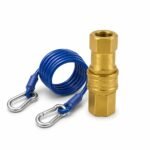 Tandoor Gas Hose AS01 – brass quick disconnect gas fitting paired with blue coiled safety restraining cable and two stainless steel carabiner hooks, shown together as included components of the tandoor gas connector kit