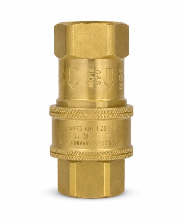 Tandoor Gas Hose AS01 – front view of brass quick disconnect fitting showing ANSI Z21.41 certification markings, gas flow direction arrows, and 3/4 OD rating engraved on body, approved for indoor and outdoor use