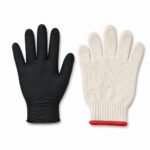 Tandoor Heat Resistant Gloves AS15 – close flat-lay on white background showing both glove layers side by side: the black nitrile outer glove on the left and the cream cotton knit inner heat-resistant liner with red trim cuff on the right, clearly showing the two-layer system that provides heat and hygiene protection during tandoor use