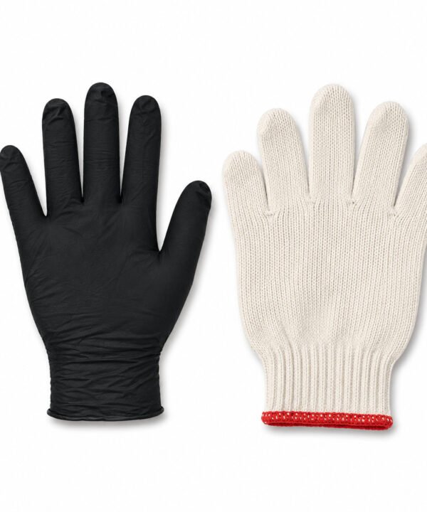 Tandoor Heat Resistant Gloves AS15 – close flat-lay on white background showing both glove layers side by side: the black nitrile outer glove on the left and the cream cotton knit inner heat-resistant liner with red trim cuff on the right, clearly showing the two-layer system that provides heat and hygiene protection during tandoor use