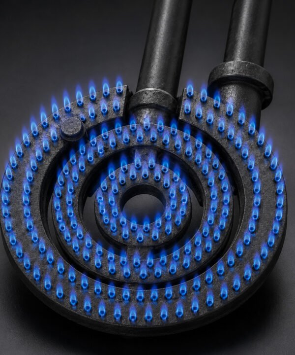 Tandoor Oven Burner AS06 – nozzle-tip tandoor burner ignited inside a tandoor oven showing intense blue and orange gas flames rising from the stainless steel nozzle tips, captured at initial ignition with high flame output