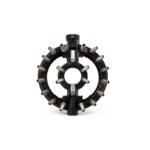 Tandoor Oven Burner AS06 – straight-on front face view of cast iron tandoor burner showing single outer ring and inner spoke design fitted with stainless steel dual-port nozzle tips, central pilot hole, and single top-mounted gas inlet pipe, on white background