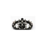 Tandoor Oven Burner AS06 – low side angle view of cast iron tandoor burner ring with stainless steel dual-port nozzle tips arranged around the outer ring and inner hub, single gas inlet pipe at top, on white background
