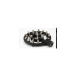Tandoor Oven Burner AS06 – angled top view of cast iron single-ring tandoor burner fitted with stainless steel dual-port nozzle tips evenly spaced around the outer ring and inner spokes, with single side gas inlet pipe, on white background