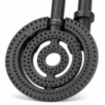 Tandoor Oven Burner AS06 – close-up angled top view of cast iron triple-ring burner showing hundreds of precision-drilled gas holes across three concentric rings, dual gas inlet pipes, and centre hollow opening, on white background