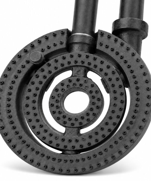 Tandoor Oven Burner AS06 – close-up angled top view of cast iron triple-ring burner showing hundreds of precision-drilled gas holes across three concentric rings, dual gas inlet pipes, and centre hollow opening, on white background