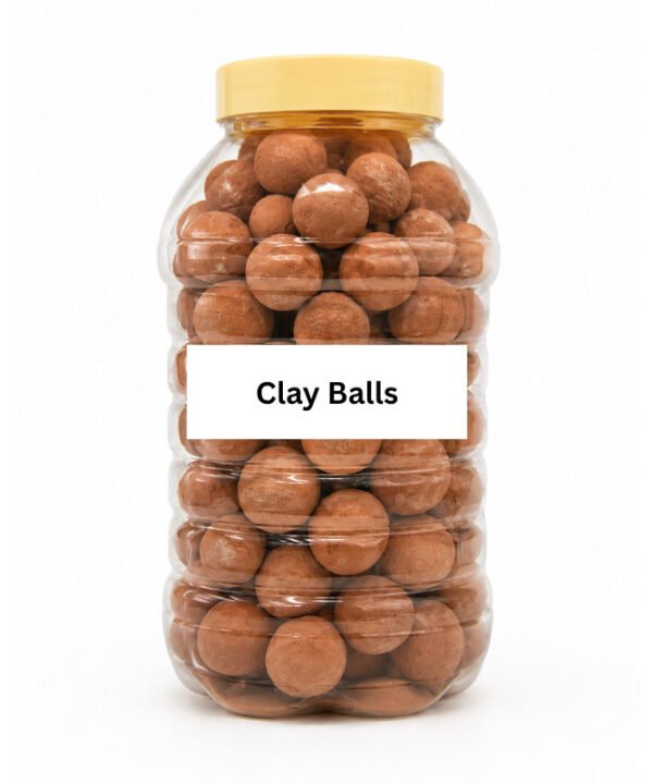 Tandoor Oven Clay Balls AS07 – large clear plastic jar with gold lid filled with terracotta clay balls, showing white label reading Clay Balls, on white background