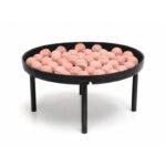 Tandoor Oven Clay Balls AS07 – landscape view of terracotta clay balls arranged across a black steel tandoor baffle plate on four legs, showing the clay balls filling the full plate surface, on white background
