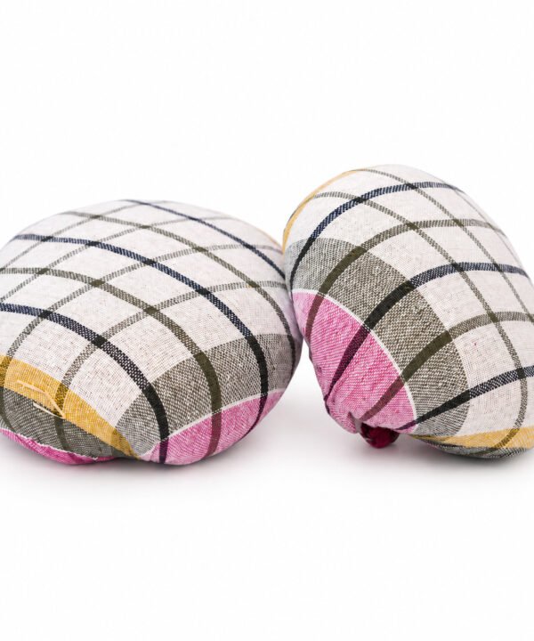 Tandoor Oven Naan Gaddi AS09 – pair of dome-shaped naan gaddi cushions side by side on white background, showing multicolour plaid woven fabric in cream, olive, pink, mustard, and navy check pattern, with gathered fabric tie at the base of each gaddi