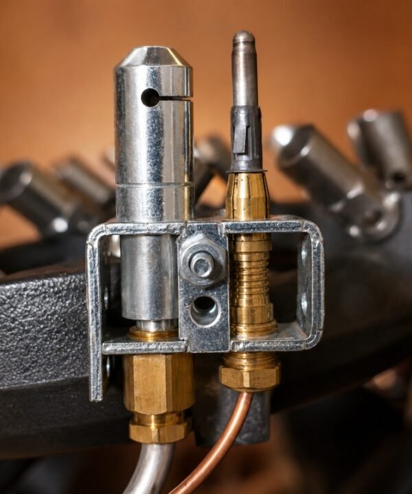 Tandoor Oven Thermocouple AS12 – close-up of the thermocouple probe and pilot assembly bracket mounted on a cast iron tandoor burner, showing the stainless steel pilot nozzle tube, brass gas fittings, thermocouple probe tip with copper capillary lead, igniter electrode, and steel mounting bracket, with burner nozzle tips visible in the blurred background