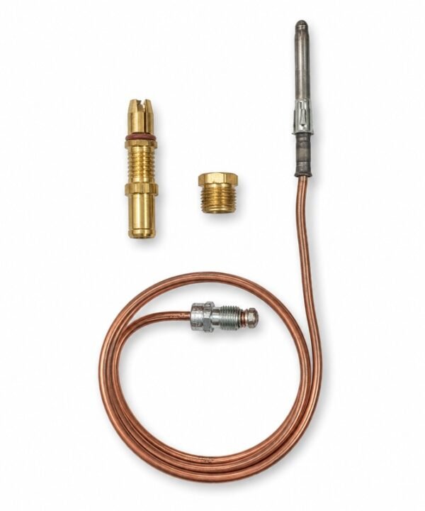 Tandoor Oven Thermocouple AS12 – flat-lay on white background showing the thermocouple probe and copper capillary tube with compression fitting, laid alongside the brass bullet-nose adaptor with red O-ring seal, brass hex reducing nut, and the stainless steel mounting clip, all individual components separated for clear identification