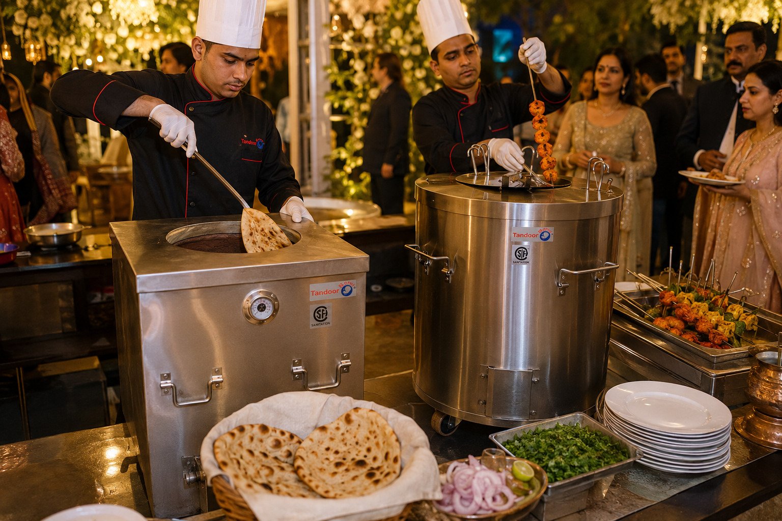 Live naan station at an outdoor wedding reception, caterer pulling fresh bread from a portable catering tandoor