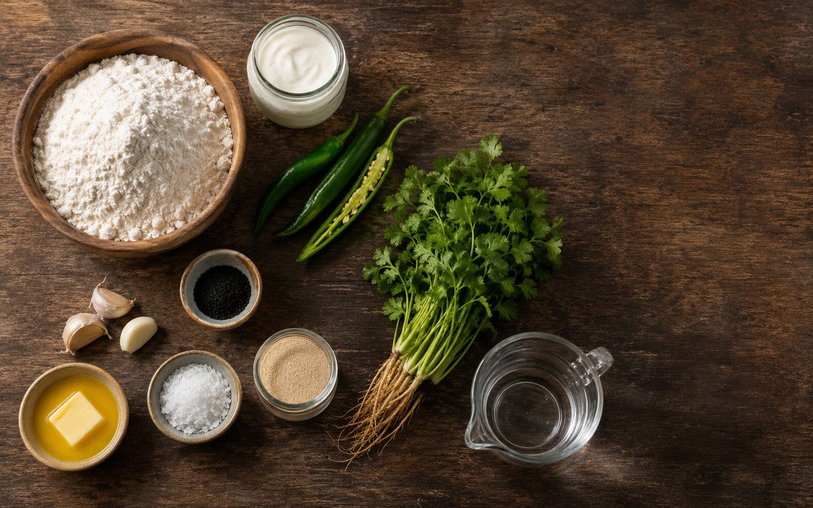 Flat lay of chilli coriander naan ingredients: maida flour, yoghurt, green chillies, fresh coriander, garlic, and nigella seeds