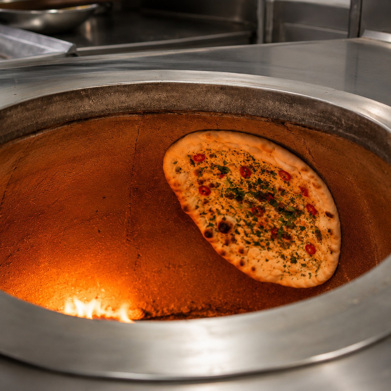 Chilli Coriander Naan cooking on the glowing clay wall of a tandoor