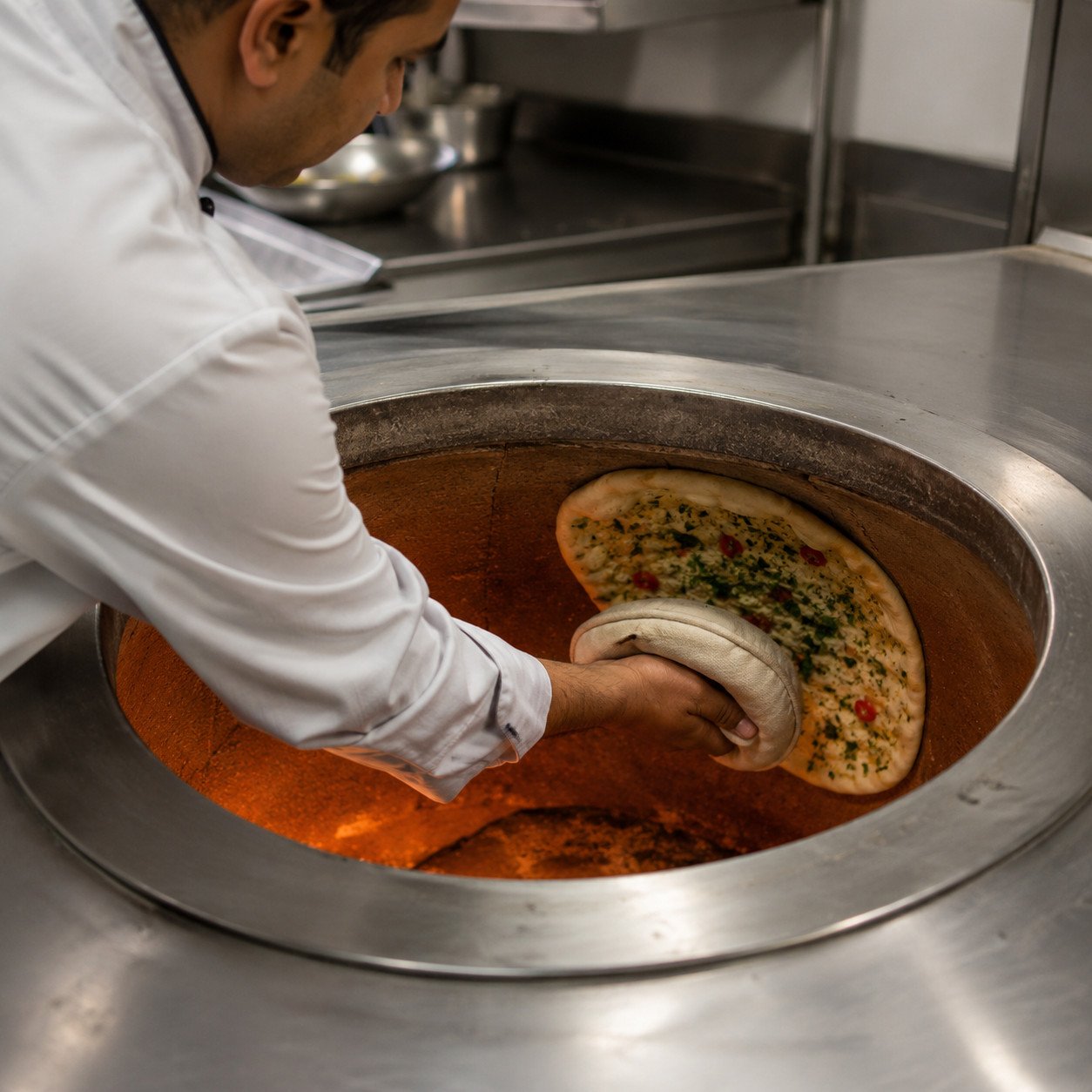 Chef using a naan gaddi to stick Chilli Coriander Naan onto the hot clay wall of a tandoor