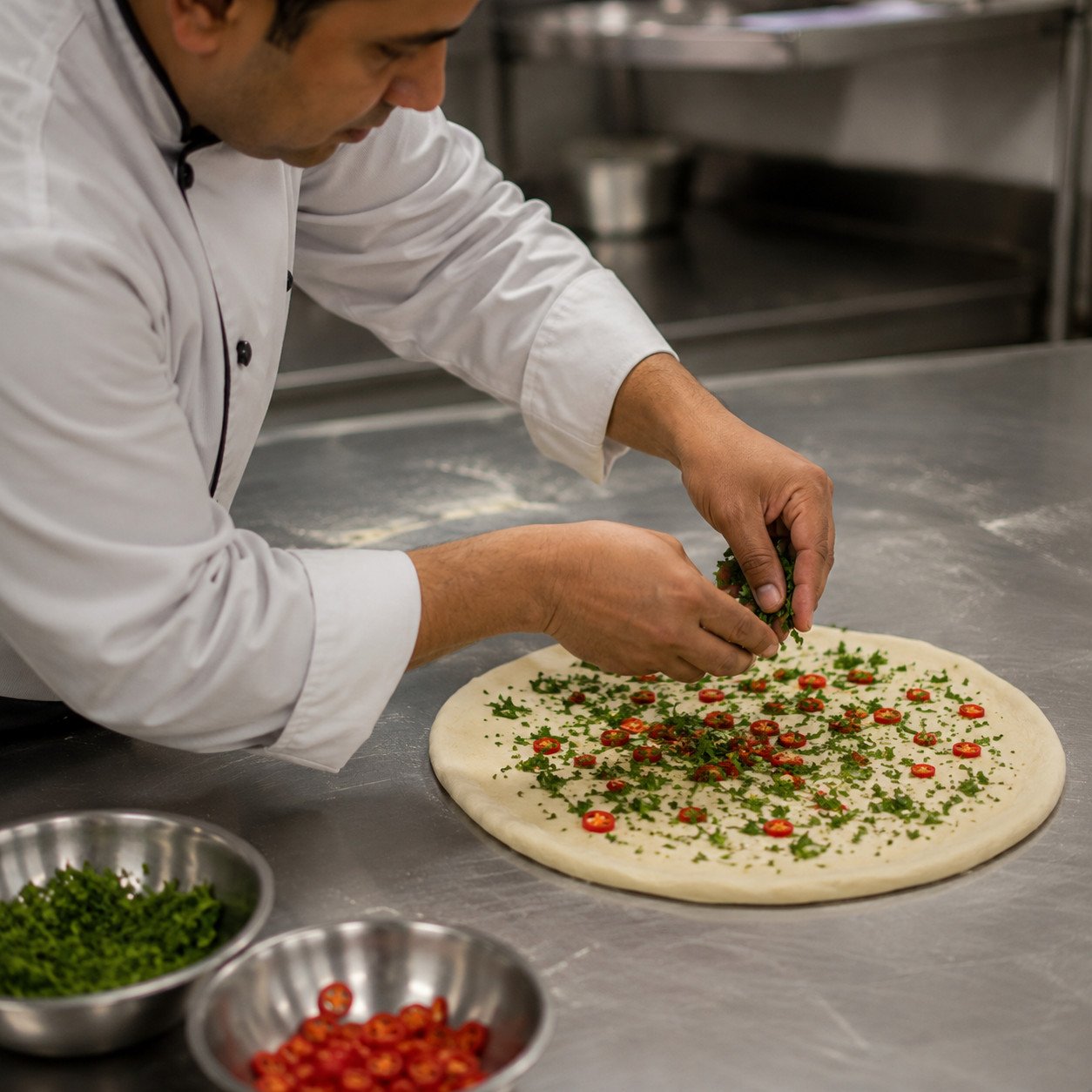 Chef adding chopped red chillies and fresh coriander to rolled dough