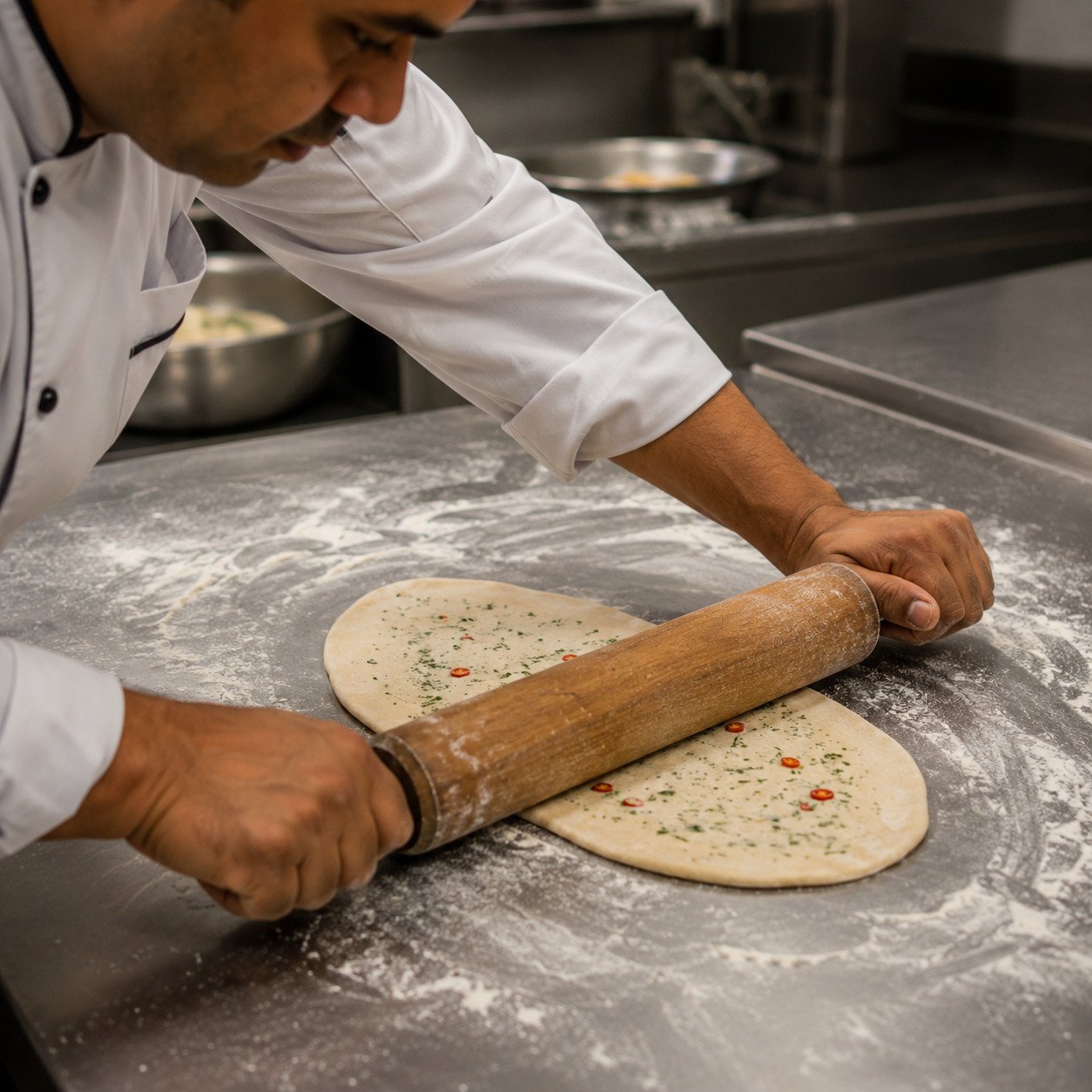 A professional chef rolling fresh dough into shape on a floured surface