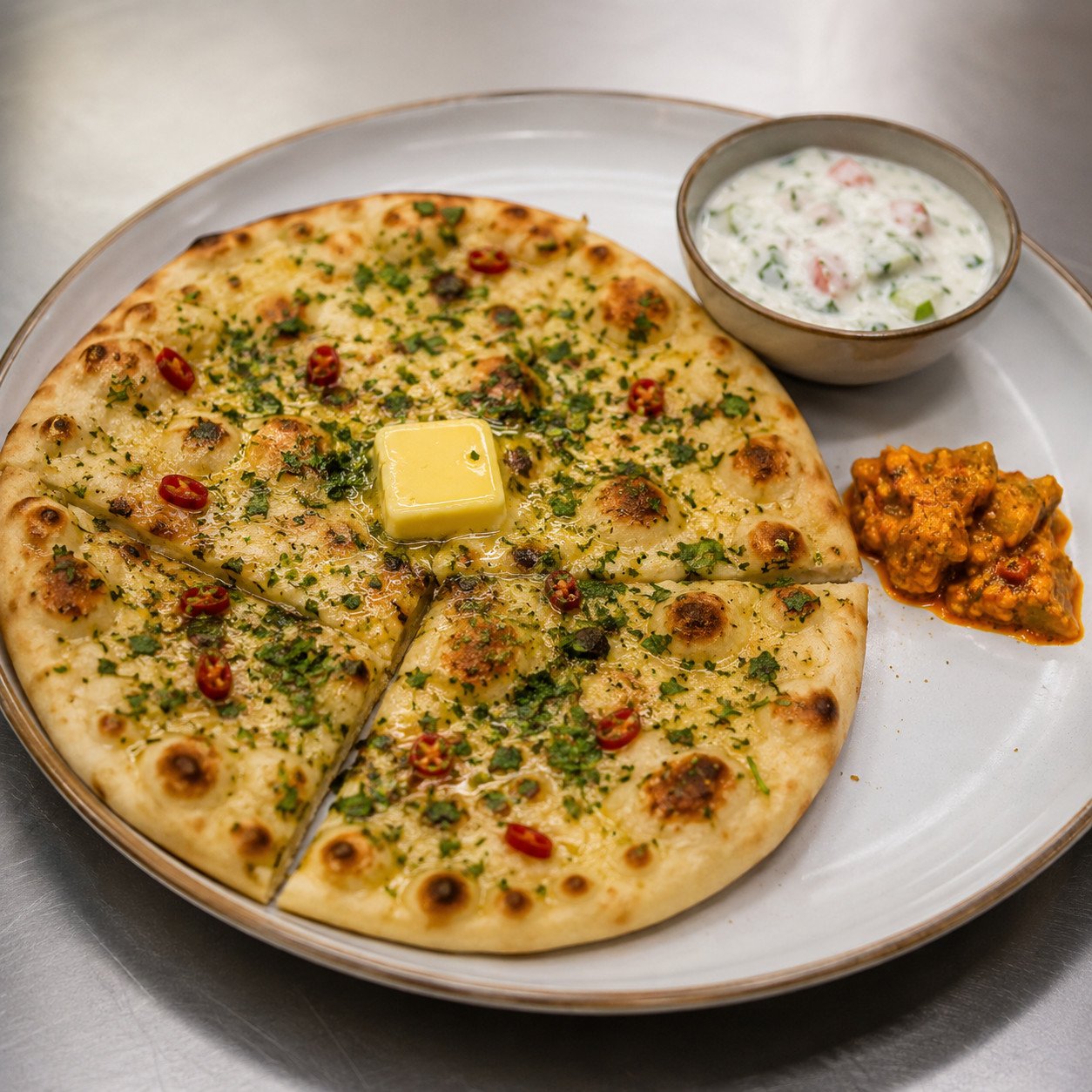 Finished Chilli Coriander Naan brushed with butter, ready to serve
