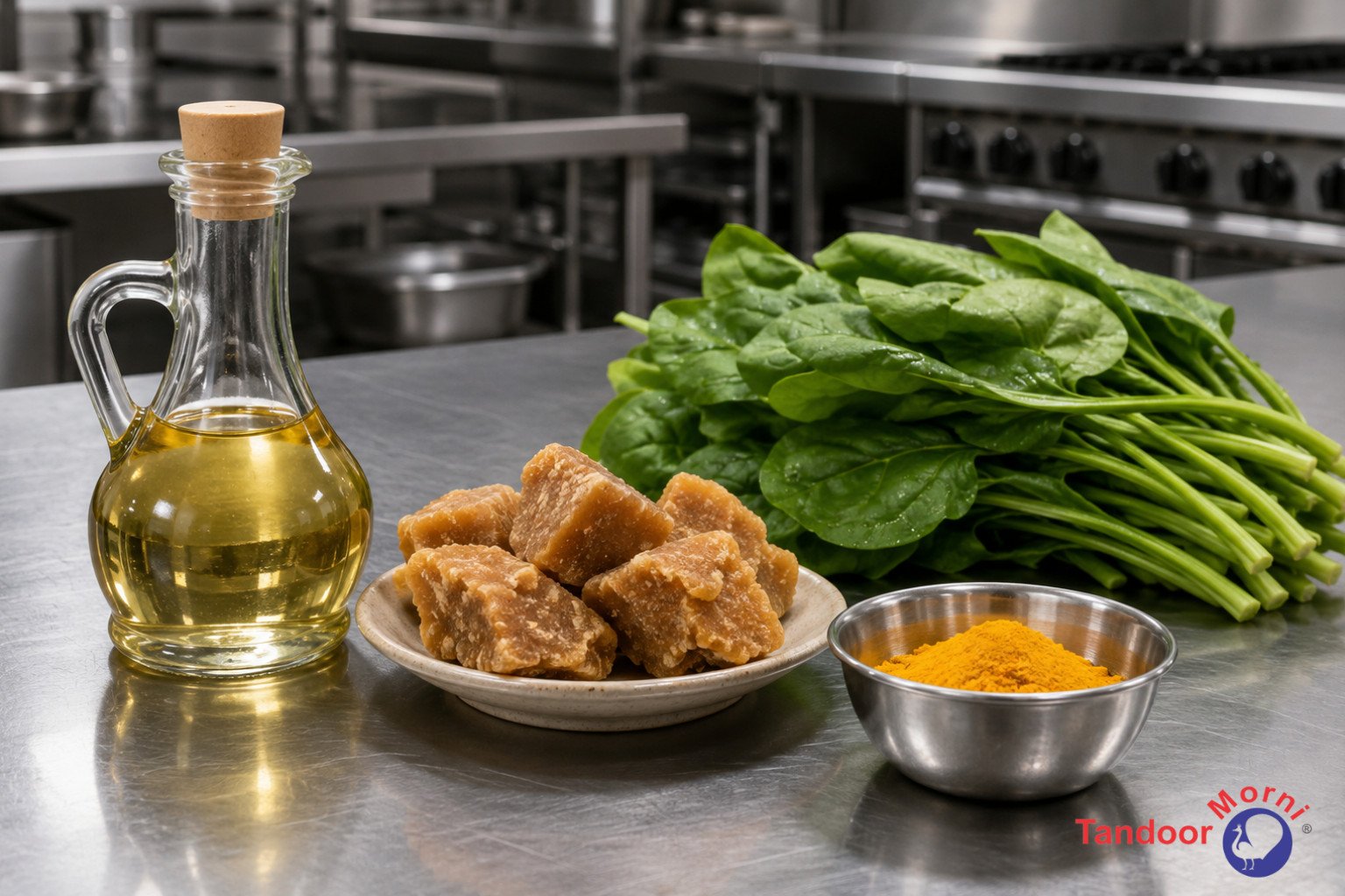 Ingredients to cure clay pots: mustard oil, jaggery, turmeric powder, and spinach arranged beside an unfired clay tandoor