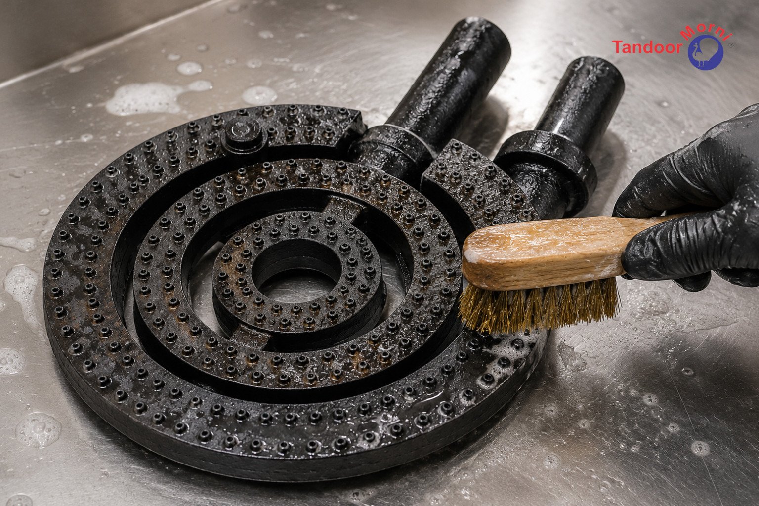 Clean tandoor burners and plates: a gas tandoor burner being scrubbed with a brass bristle brush