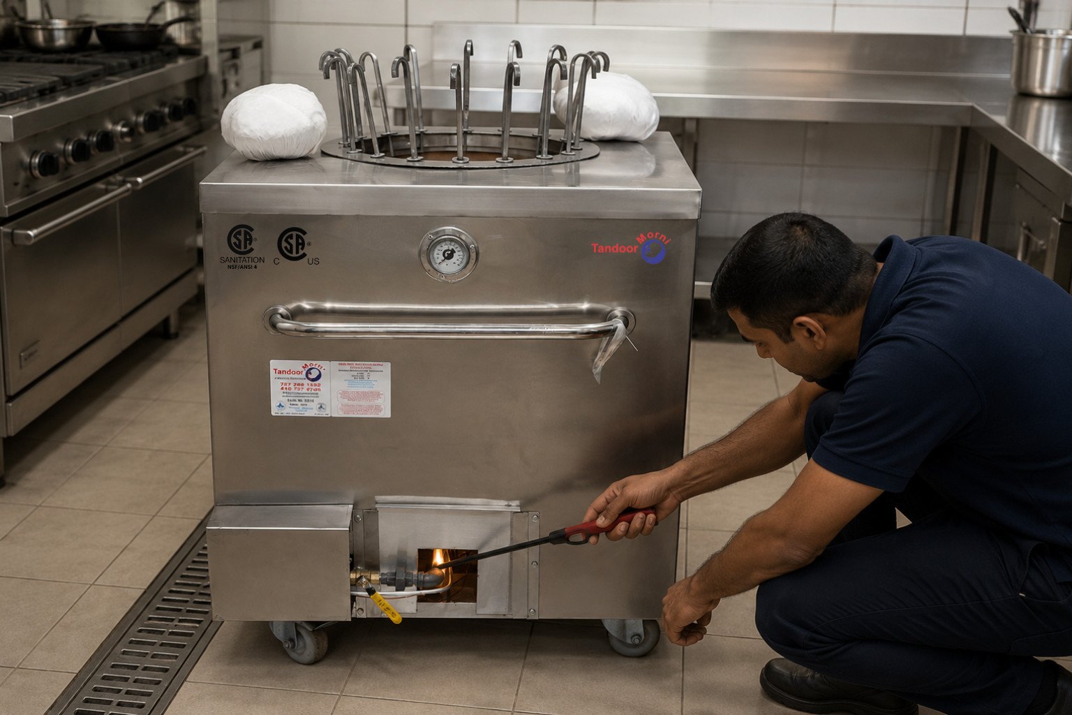 How to light CH or CS tandoor safely: a technician igniting a gas tandoor pilot assembly with the lid removed