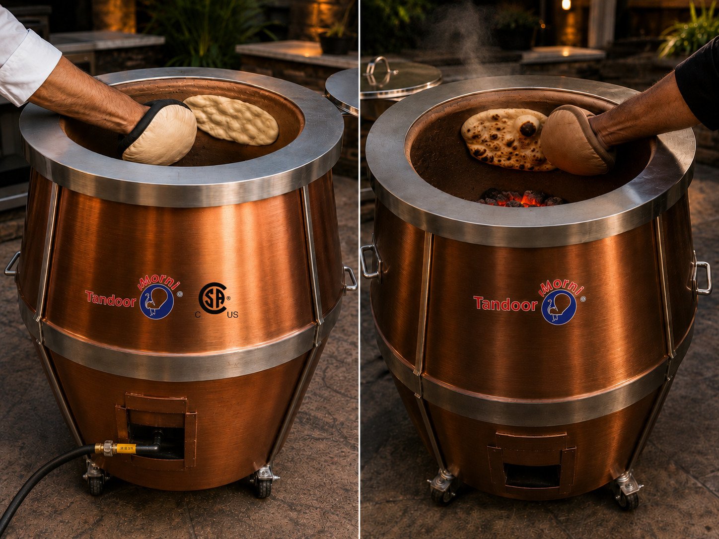 Propane vs charcoal vs clay tandoor: fresh naan bread baked side by side in a gas tandoor oven and a charcoal tandoor oven