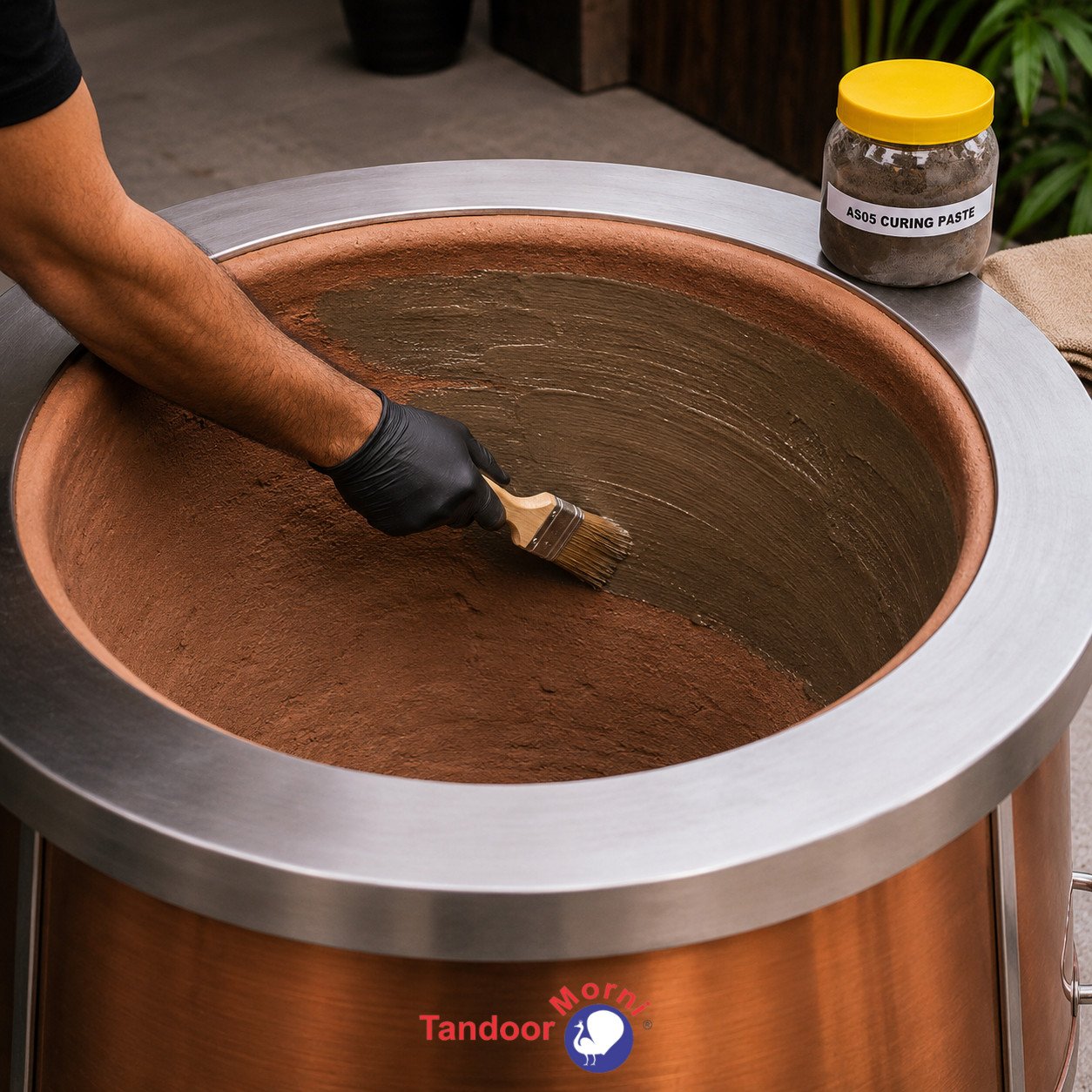 Close-up of tandoor oven curing paste being applied to the clay interior wall of a new tandoor oven