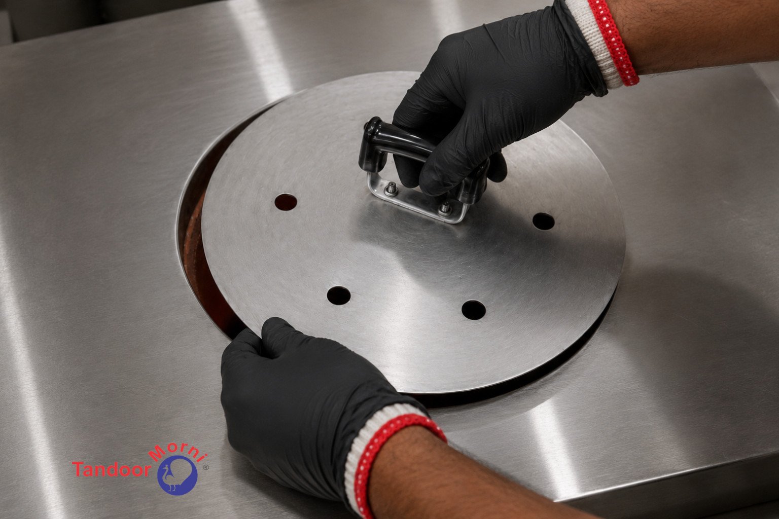 Operating tandoor lid correctly: heat-resistant gloves placing a stainless steel lid onto a tandoor once flames have subsided to glowing coals