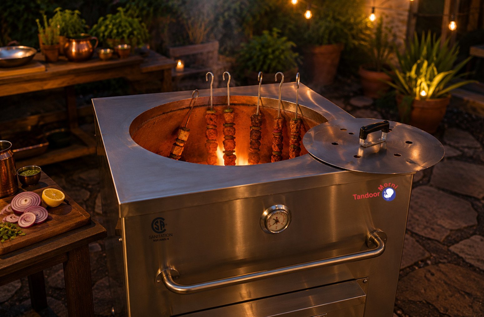 Traditional tandoor cooking: a Tandoor Morni clay tandoor oven glowing with an open wood fire, skewers of kebabs cooking inside
