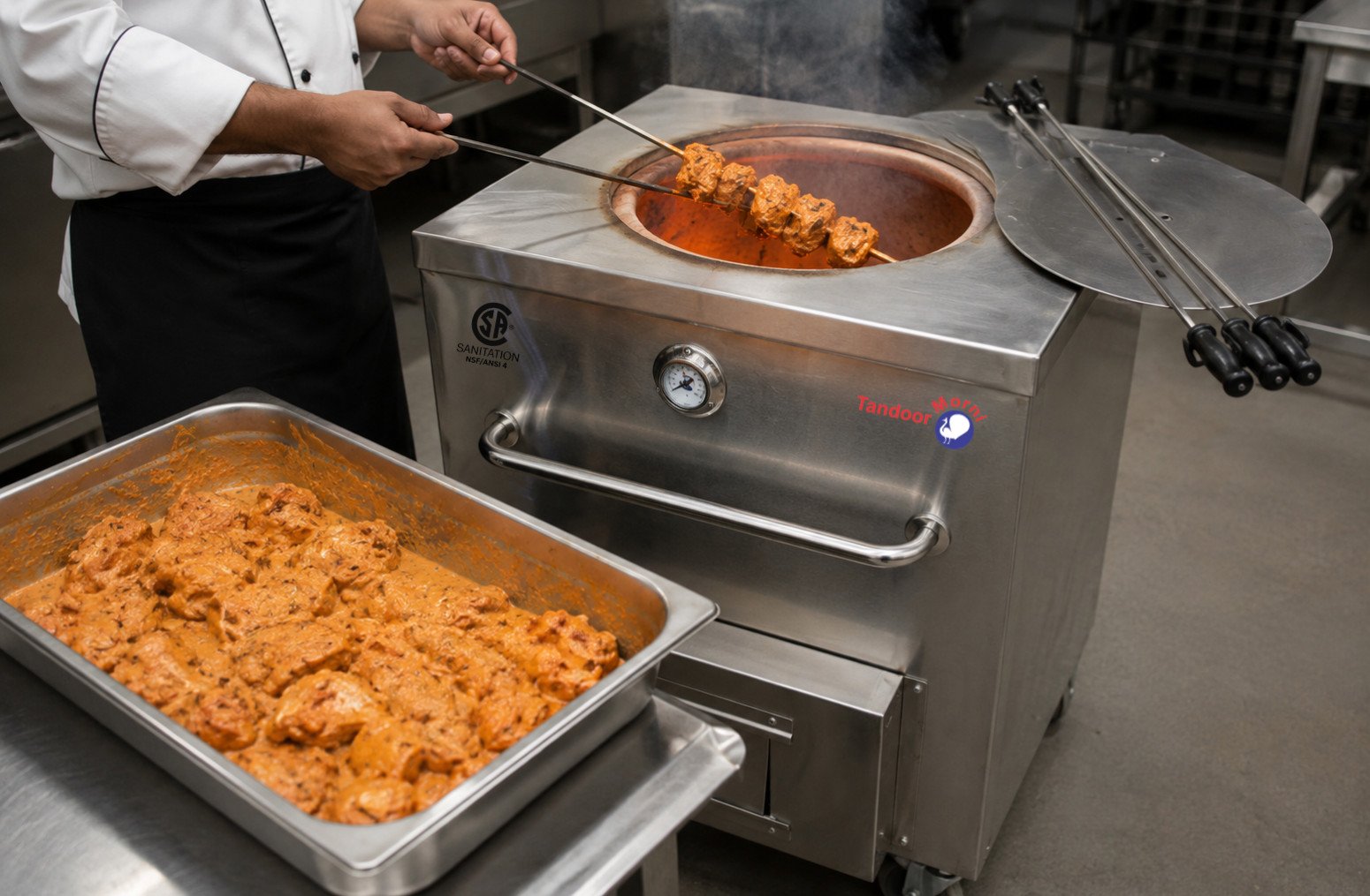 The art of marination in tandoori cooking: chicken pieces being coated in a yogurt and spice marinade beside a Tandoor Morni tandoor oven