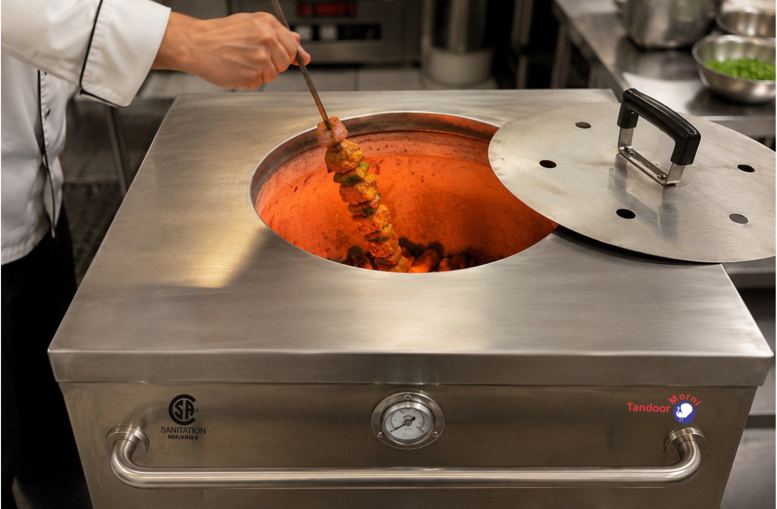The art of tandoori cooking in a clay tandoor oven: a chef arranging skewers of marinated meat inside a glowing traditional clay oven
