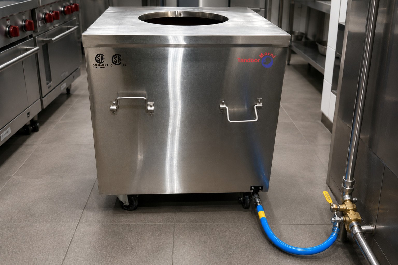 Certified hose for tandoor: a stainless steel braided gas hose connected and clamped to a commercial tandoor oven valve
